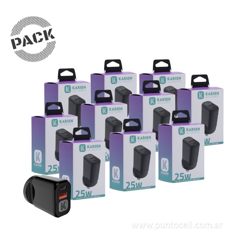PACK x 10 - CARGADORES 220V KARSEN BASE DUAL 25W USB+USB C (CAR-2501)