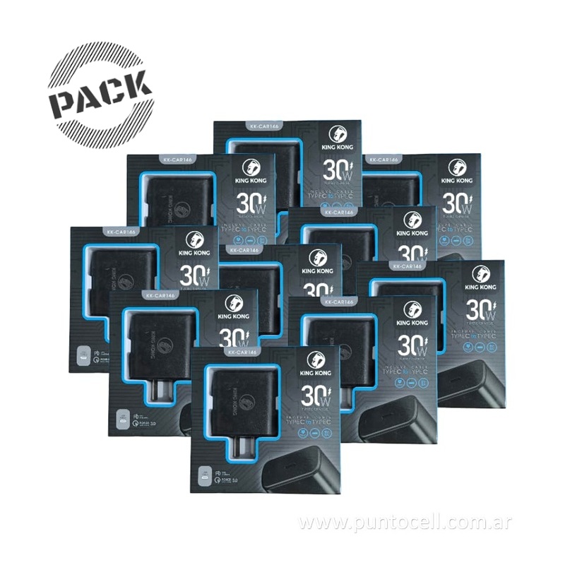 PACK x 10 - CARGADORES 220V KING KONG TURBO 30W TIPO C a TIPO C• 5V/3A (KK-CAR146)