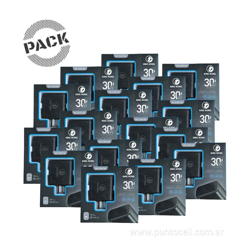 PACK x 20 - CARGADORES 220V KING KONG TURBO 30W TIPO C a TIPO C• 5V/3A (KK-CAR146)