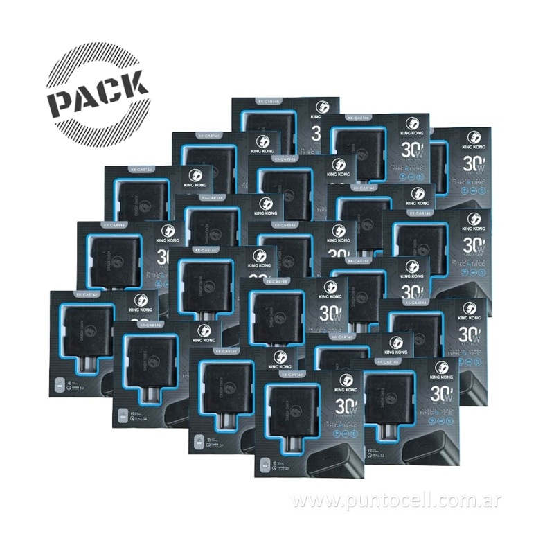 PACK x 50 - CARGADORES 220V KING KONG TURBO 30W TIPO C a TIPO C• 5V/3A (KK-CAR146)