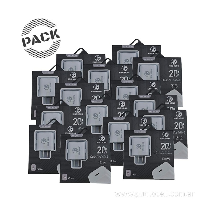 PACK x 20 - CARGADORES 220V KING KONG TURBO 20W TIPO C a LIGHTNING • 5V/3A (KK-CAR148)