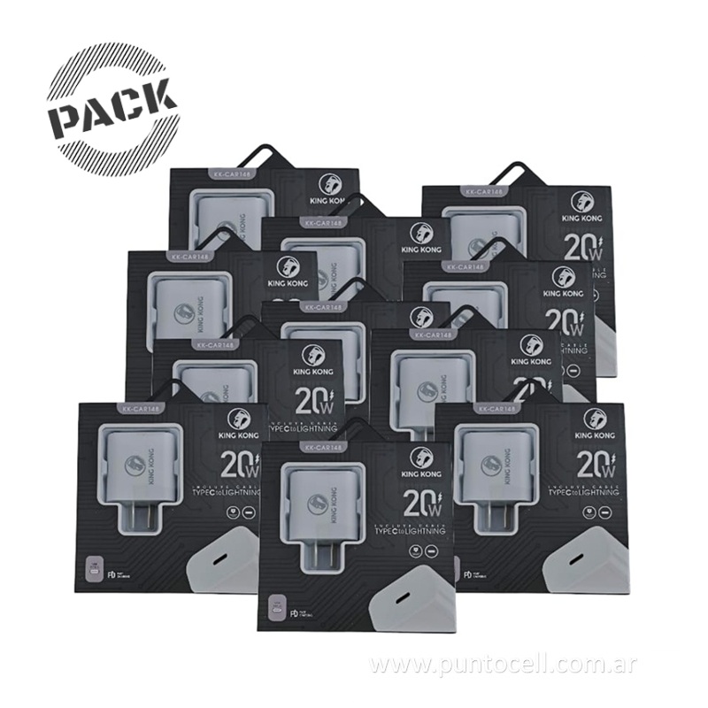 PACK x 10 - CARGADORES 220V KING KONG TURBO 20W TIPO C a LIGHTNING • 5V/3A (KK-CAR148)