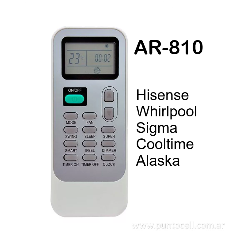 CONTROL REMOTO AIRE ACONDICIONADO Ar-810 (HISENSE-COOLTIME-ALASKA-SIGMA-WHIRPOOL)