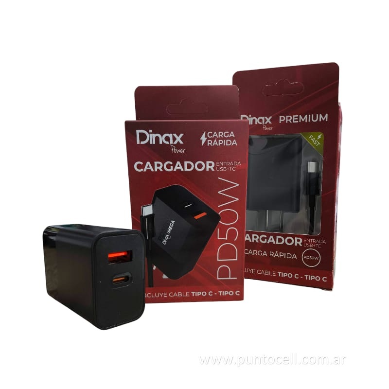 CARGADOR 220V DINAX DUAL USB C + USB PD 50W 5.1A • CABLE C-C (CAR-5.1-TC)