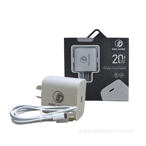 [106097] CARGADOR 220V KING KONG TURBO 20W TIPO C a LIGHTNING • 5V/3A (KK-CAR148)
