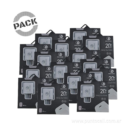 [110969] PACK x 20 - CARGADORES 220V KING KONG TURBO 20W TIPO C a LIGHTNING • 5V/3A (KK-CAR148)
