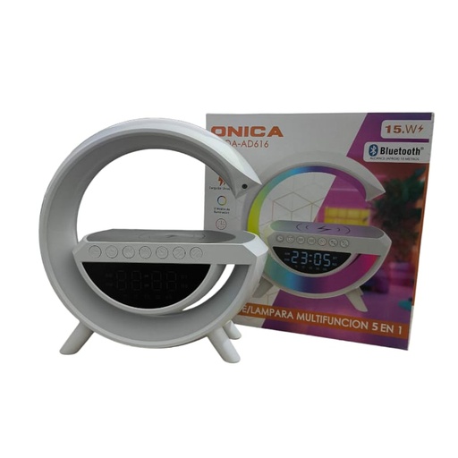 [112034] PARLANTE PORTATIL BLUETOOTH G C/ CARGA QI + RELOJ • 22cm (AD616)