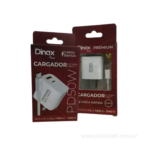 [112219] CARGADOR 220V DINAX DUAL USB C + USB PD 50W 4.2A • CABLE C-C (CAR-4.2-TC)