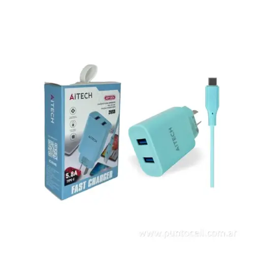 [112312] PACK X 12 - CARGADOR 220V AITECH COLORES 5.8A DOBLE USB+ CABLE TIPO C 