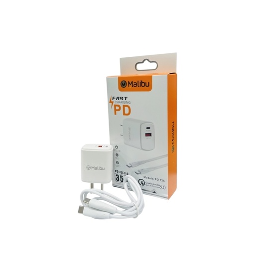 [113482] CARGADOR 220V MALIBU PD 35W QC 3.0 - PUERTO TIPO C + USB (PD125-C) 